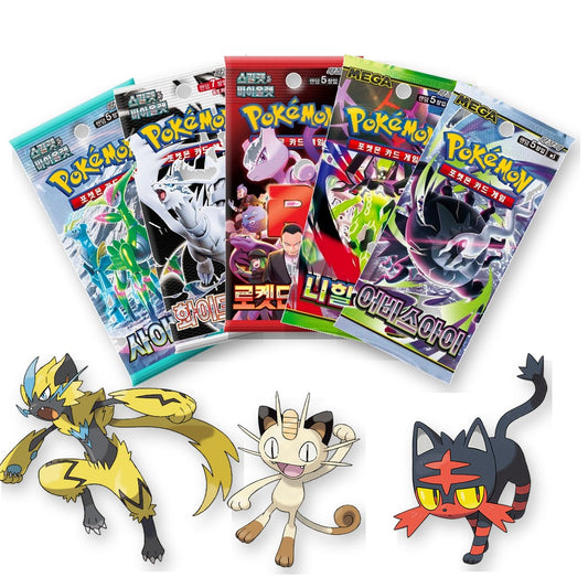 Cat Lover Bundle: five Korean booster packs fanned out with Zeraora, Meowth and Litten