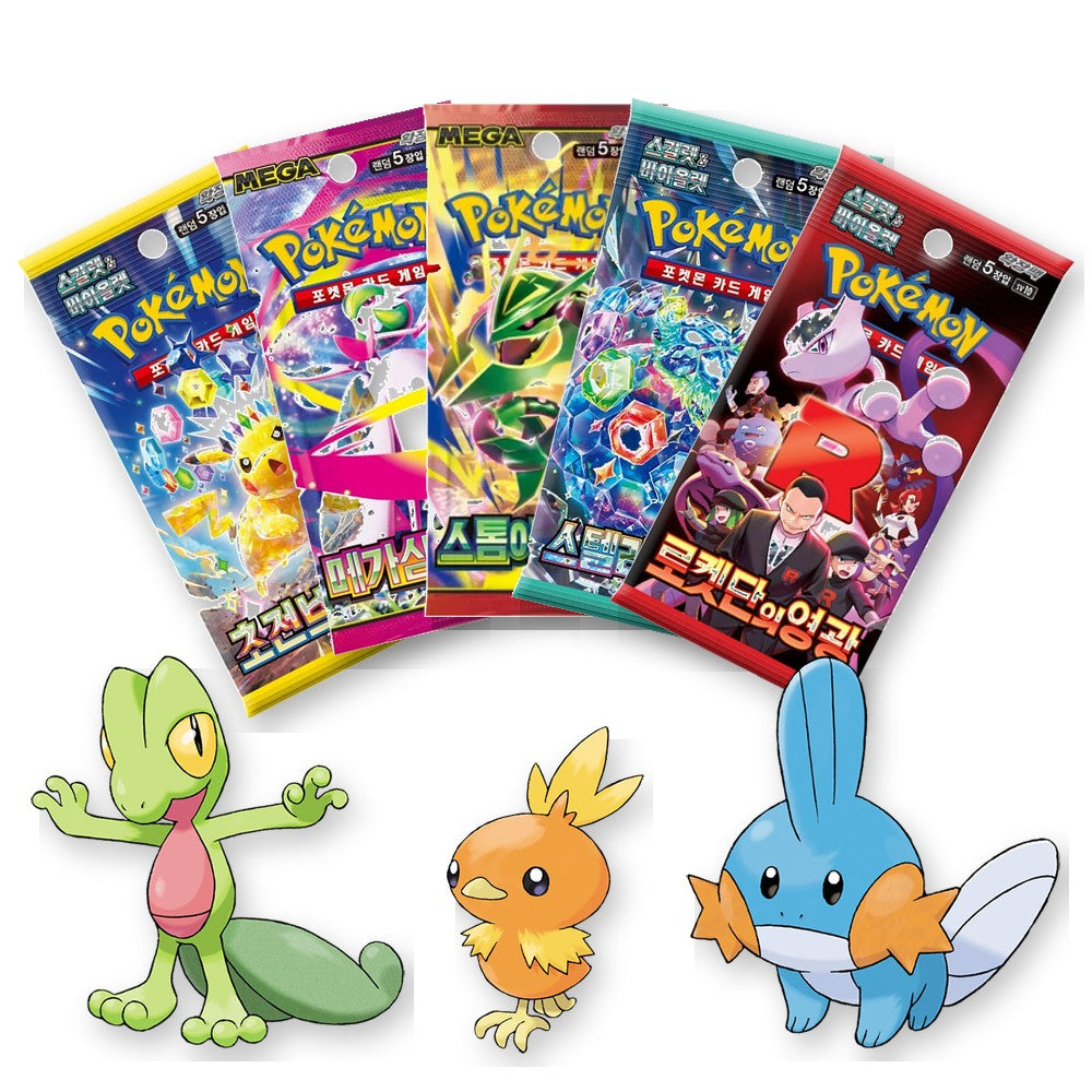Hoenn Bundle: five Korean booster packs fanned out with Treecko, Torchic and Mudkip